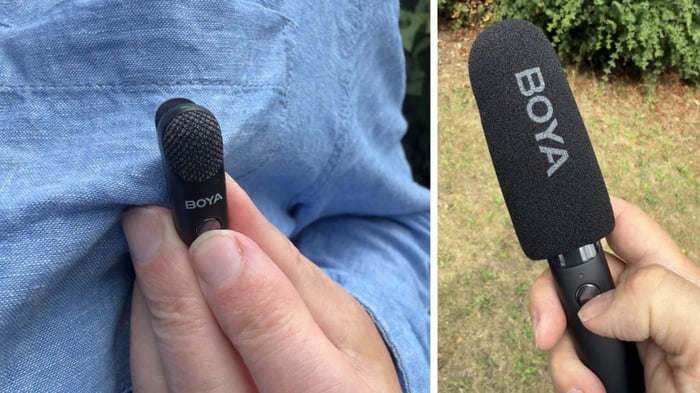 Transforming from lapel mic to handheld shotgun with included windscreen.