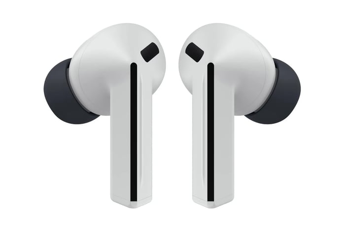 Close-up on the front of Galaxy Buds 3 FE in light gray