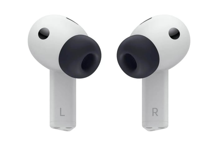 Back shot of the light gray Galaxy Buds 3 FE earbuds