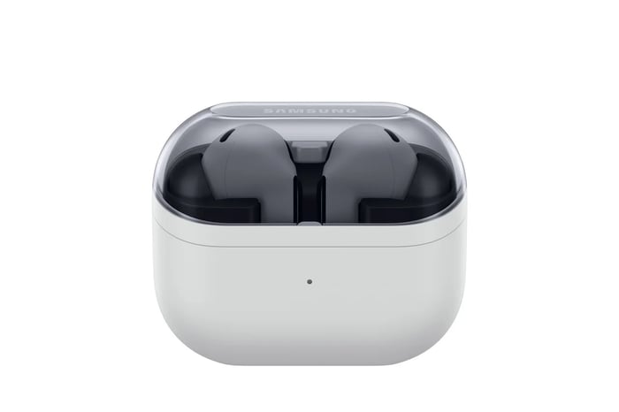 Front view of the light gray Galaxy Buds 3 FE charging case
