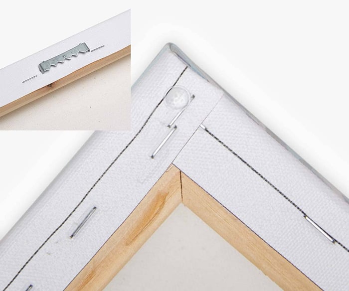 Architeg Prints gallery-wrap construction detail showing the wooden stretcher, stapled canvas, sawtooth hanger and clear corner bumper