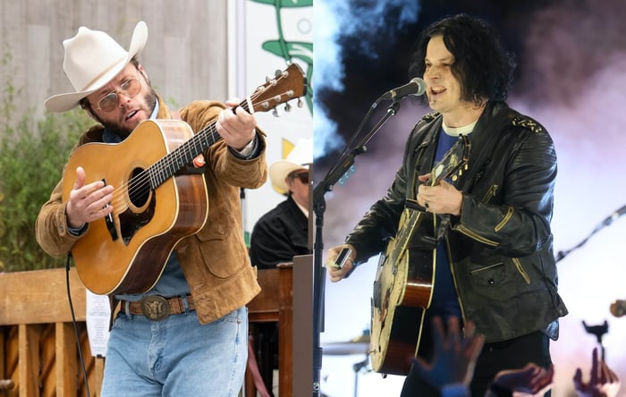 Two side by side photographs of Charley Crockett (left) and Jack White (right) performing live on stage