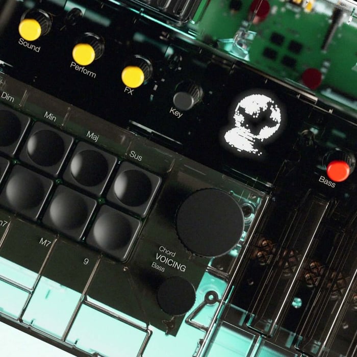 Limited edition Clear Orchid Arctic synth displayed with accompanying promotional artwork