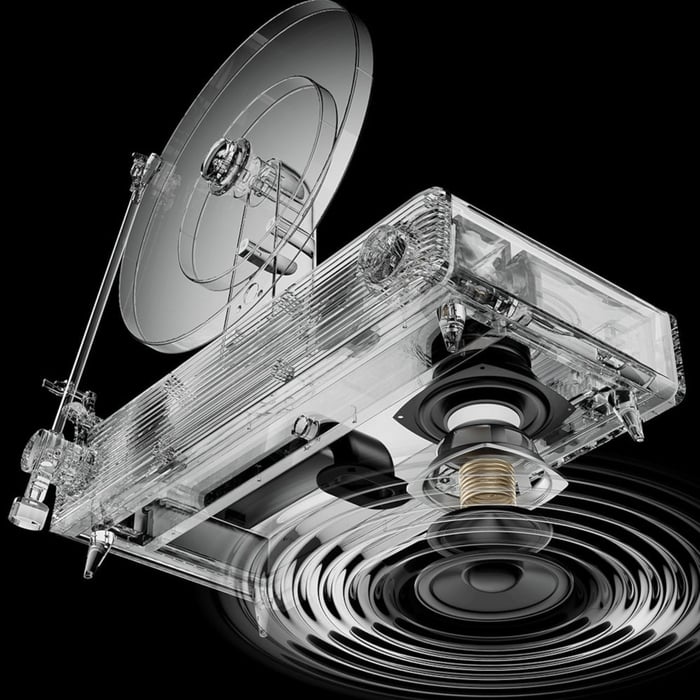 Close-up of the speaker assembly with carbon fiber tonearm