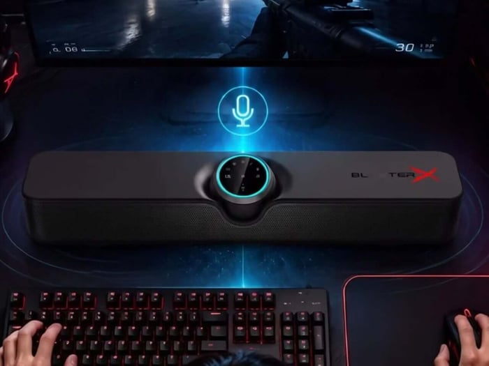 Creative B3 gaming soundbar shown in a desktop setup