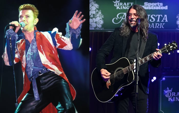 two side by side photographs of David Bowie (left) and Dave Grohl (right) performing live on stage