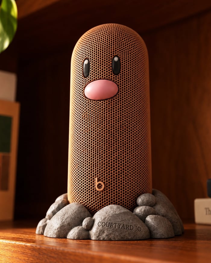 Diglett speaker resting in a sculpted gray rock mound