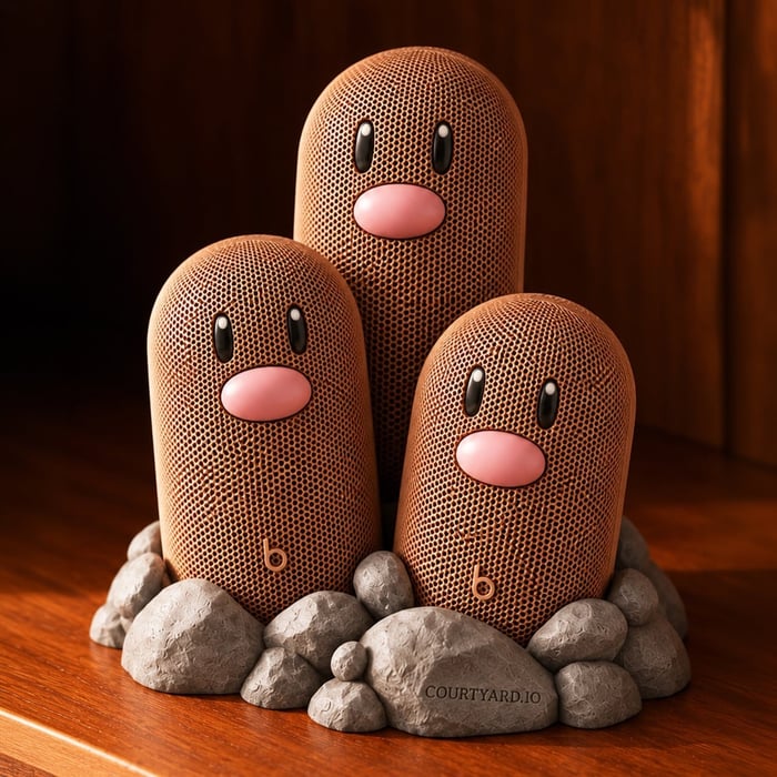Three Diglett-inspired speakers arranged as a Dugtrio trio