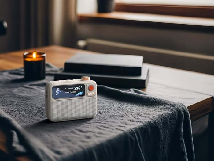 The FlowToo’s clean design fits comfortably on any nightstand.