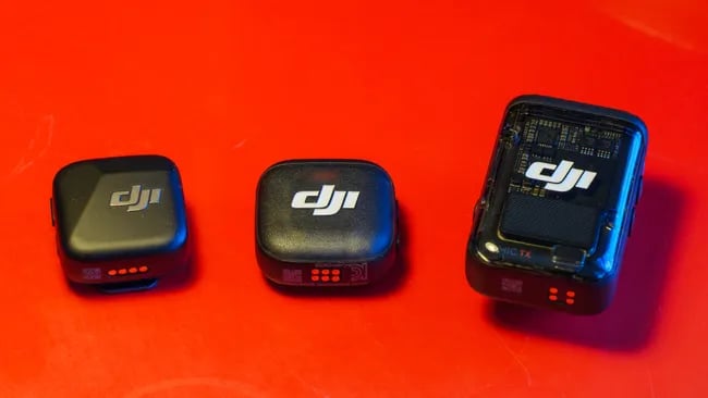 Compact and sleek DJI Mic 3 transmitter and receiver set.