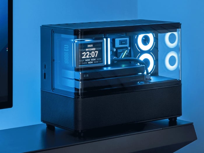Front view highlighting the rotary control knob and charging ports