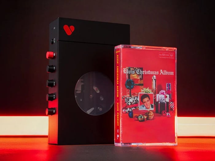 Elvis-themed cassette player with red Elvis logo