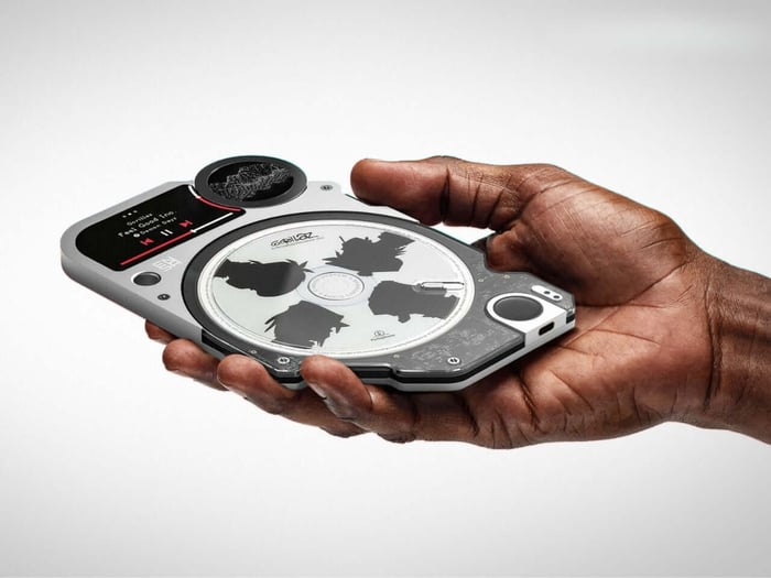 The ENSA P1 player showcasing its sleek aluminum body and disc cartridge