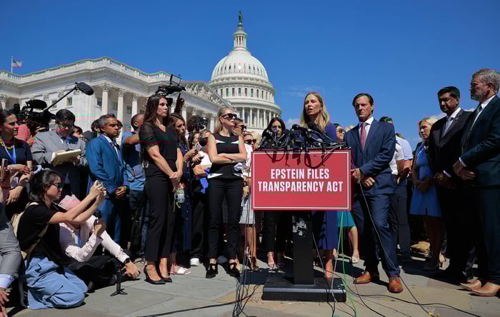 Annie Farmer speaks during a news conference with fellow alleged victims of disgraced financier and sex trafficker Jeffrey Epstein(Photo by Chip Somodevilla/Getty Images)
