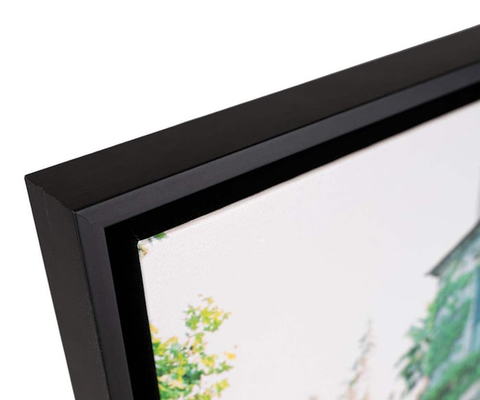 Close-up of an Architeg Prints canvas inside a black floating frame, showing the gap between the artwork and frame