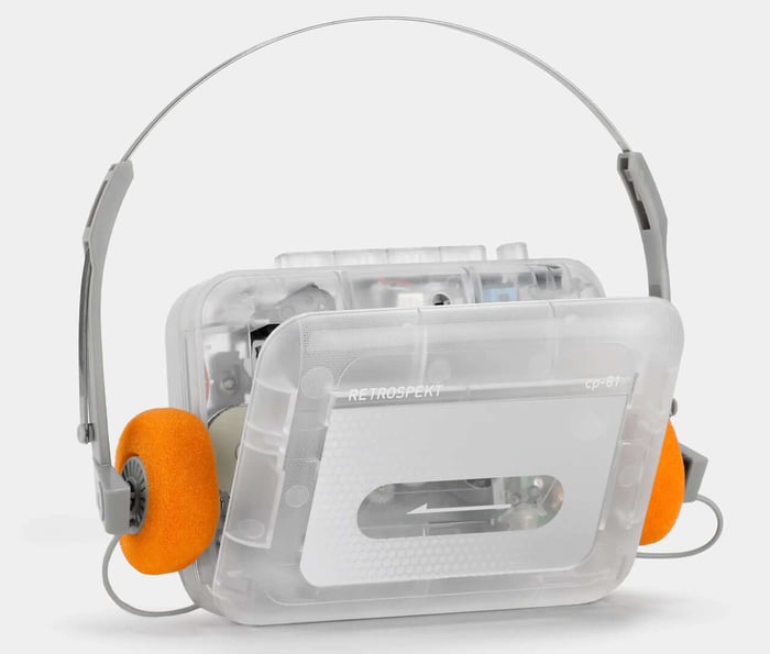 The Retrospekt CP-81 cassette player showcases its internal mechanism through clear plastic.