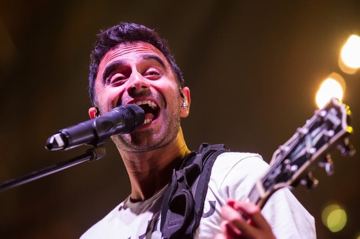 Vocalist Eric Rachmany of Rebelution performs at The Greek Theatre