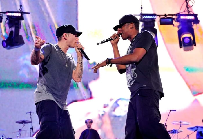 Jay-Z sharing the stage with Eminem in Detroit, 2010.