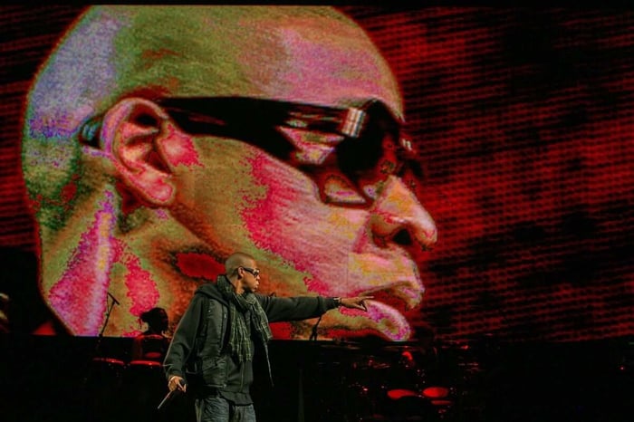 Jay-Z rocking the main stage at Glastonbury Festival, 2004.
