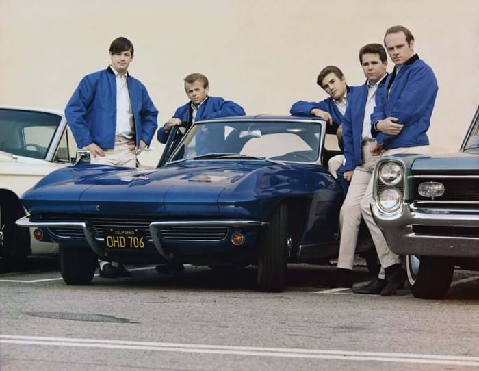 A Corvette poses with the Beach Boys, 1963