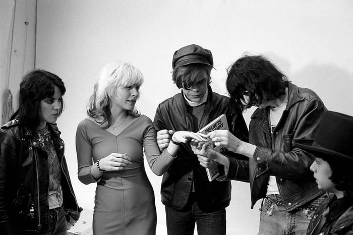 Joan Jett of the Runaways, Deborah Harry of Blondie, David Johansen, formerly of the New York Dolls, and Joey Ramone of the Ramones as they attend a mock wedding in New York, New York, 1977.