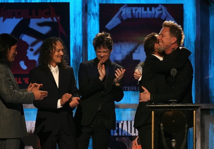 Robert Trujillo, Kirk Hammett, Jason Newsted, Lars Ulrich, James Hetfield at Rock and Roll Hall of Fame, 2009. Credit Kevin Kane WireImage