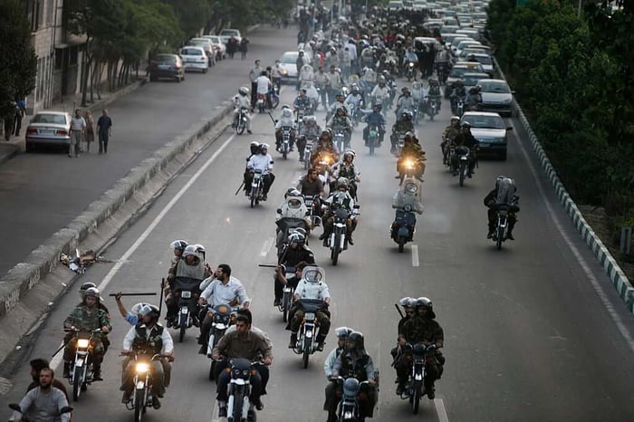 Basij militiamen on motorcycles in Tehran, 2009.
