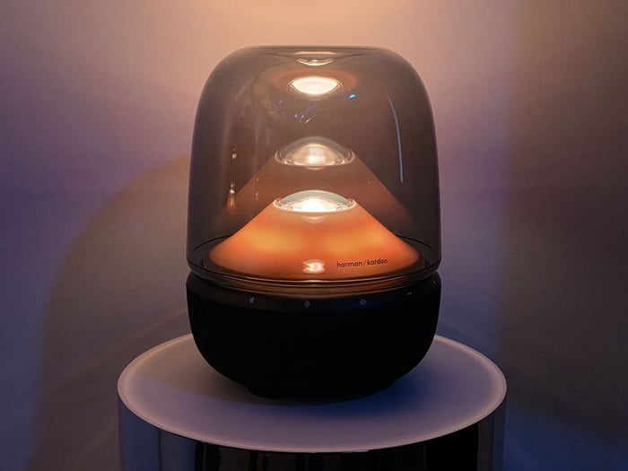 Close up of Aura Studio 5 Bluetooth speaker showcasing design details