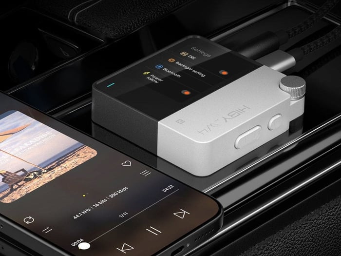 HiBy W4 connected for use with wired headphones and USB-C audio