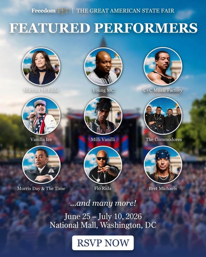 Artistic poster promoting the America 250 celebrations.