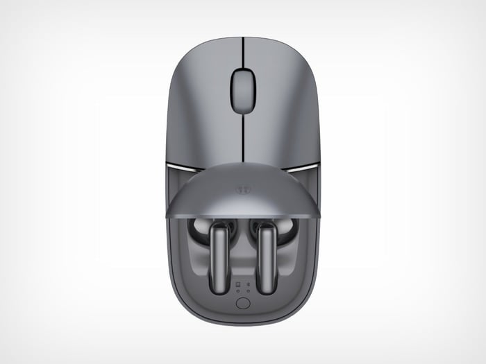 Earbuds in charging dock inside mouse