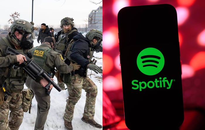ICE agents and the Spotify logo