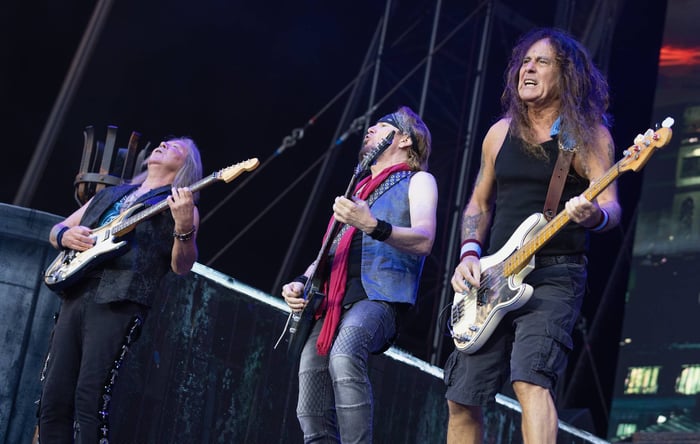 Jannick Gers, Adrian Smith and Steve Harris of Iron Maiden. Credit: Jo Hale Getty