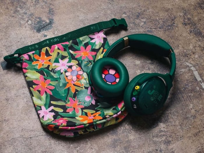 Jae Tips x Skullcandy Crusher ANC 2 headphones with designer floral bag