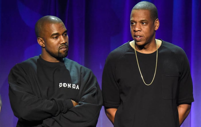Jay-Z and Kanye West sharing a moment from their collaboration days.