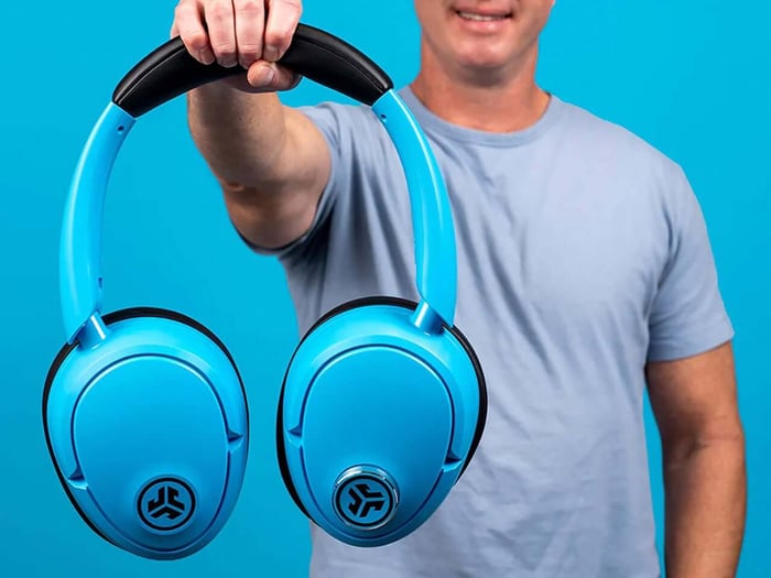 Blue XL headphones worn around neck