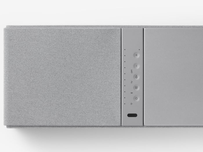 KEF XIO soundbar front view showing fabric and metal details