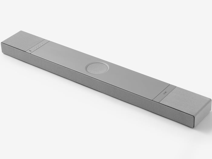 KEF XIO soundbar side view showing fabric wrap