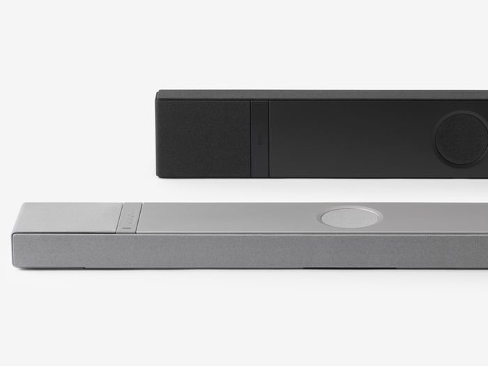 KEF XIO soundbar in Silver Grey on credenza