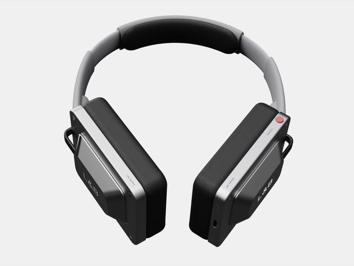 The headphones worn, showing how they fit around the ears