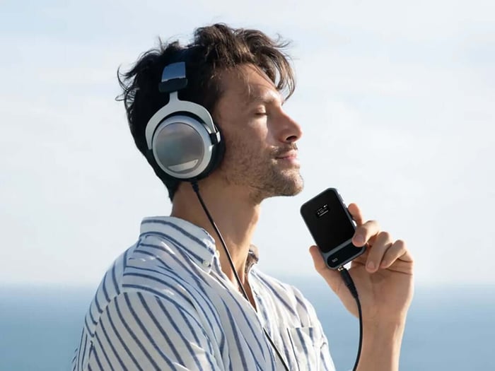 Khadas Tea Pro DAC with leather back panel attached to phone