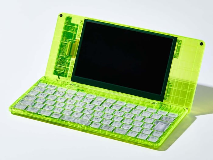 Close-up of Pomera DM250 keyboard and screen