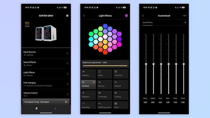 Smartphone app interface controlling Edifier QR65