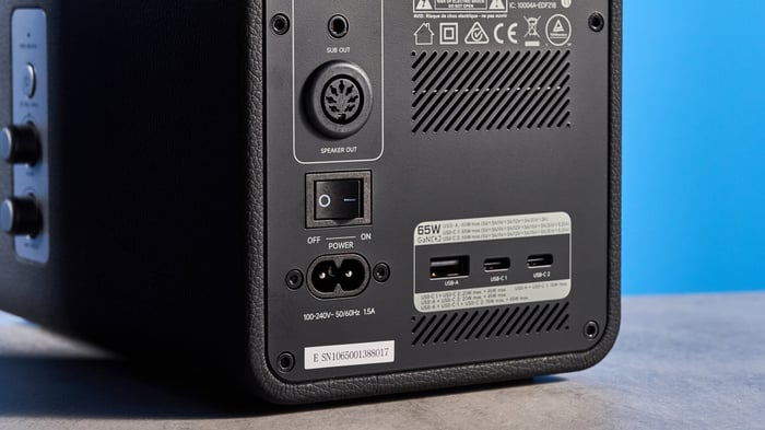 Close-up of Edifier QR65 active speaker with control knob