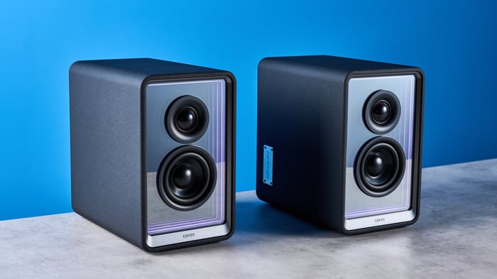 Edifier QR65 black model showcasing premium faux leather and LED lighting