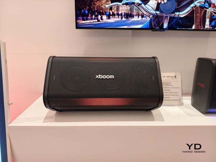 Close-up of LG xBoom Stage 501 speakers
