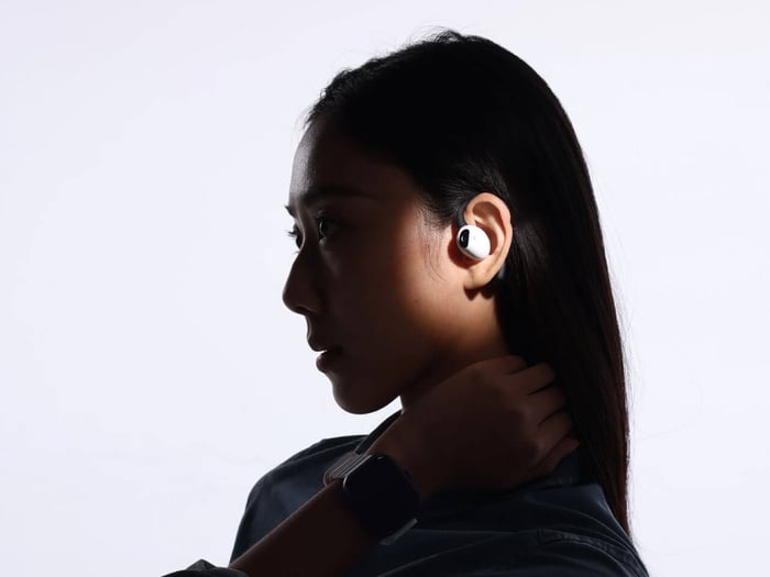 Lightwear earbuds showcase a futuristic design, blending audio with visual capabilities.
