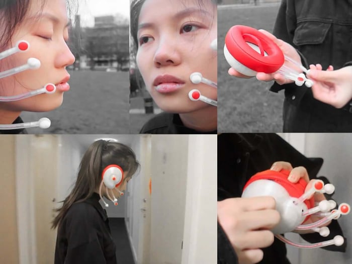 User wearing earphones with tentacles softly tapping cheeks