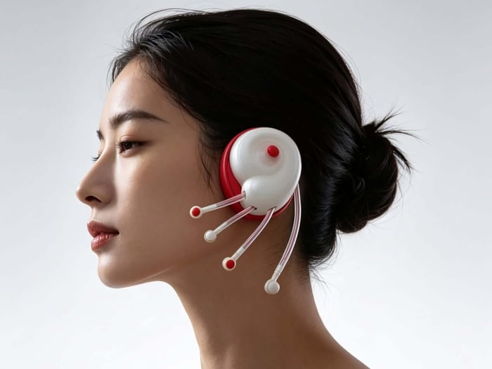 Alien-like earphones with flexible tentacles resting on cheeks
