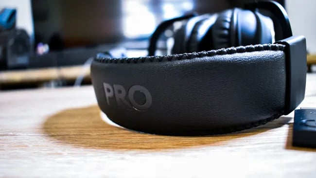Close-up of Logitech G Pro X Lightspeed ear cup and logo